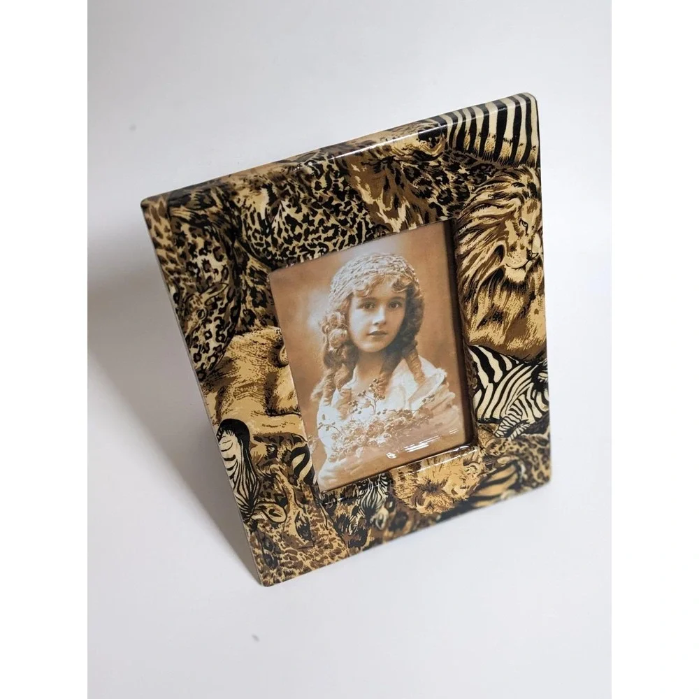 Vintage 1990's Safari Animal Picture Frame Lion Zebra Leopard Print‎ 9.5x7.5